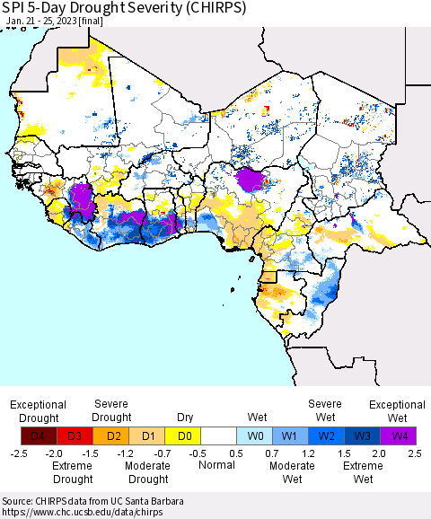 Western Africa SPI 5-Day Drought Severity (CHIRPS) Thematic Map For 1/21/2023 - 1/25/2023