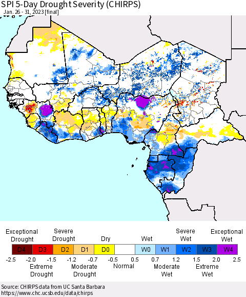 Western Africa SPI 5-Day Drought Severity (CHIRPS) Thematic Map For 1/26/2023 - 1/31/2023