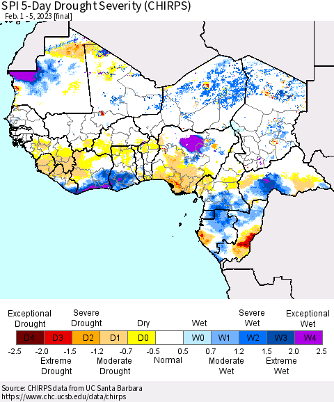 Western Africa SPI 5-Day Drought Severity (CHIRPS) Thematic Map For 2/1/2023 - 2/5/2023