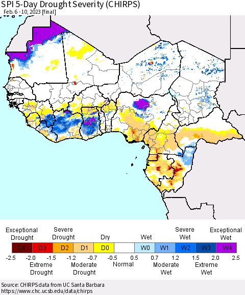 Western Africa SPI 5-Day Drought Severity (CHIRPS) Thematic Map For 2/6/2023 - 2/10/2023