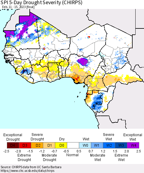 Western Africa SPI 5-Day Drought Severity (CHIRPS) Thematic Map For 2/11/2023 - 2/15/2023
