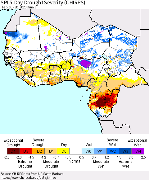 Western Africa SPI 5-Day Drought Severity (CHIRPS) Thematic Map For 2/16/2023 - 2/20/2023