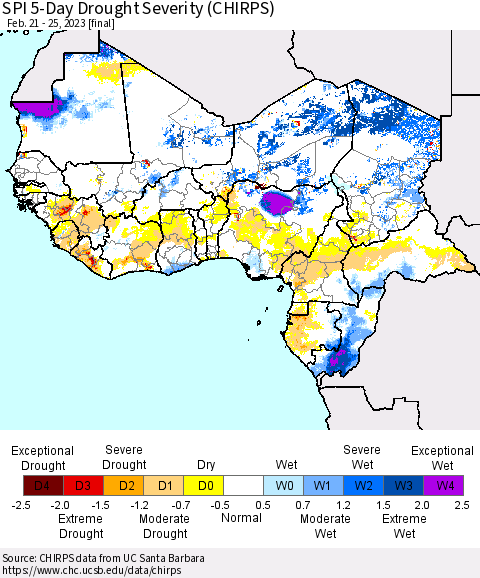 Western Africa SPI 5-Day Drought Severity (CHIRPS) Thematic Map For 2/21/2023 - 2/25/2023