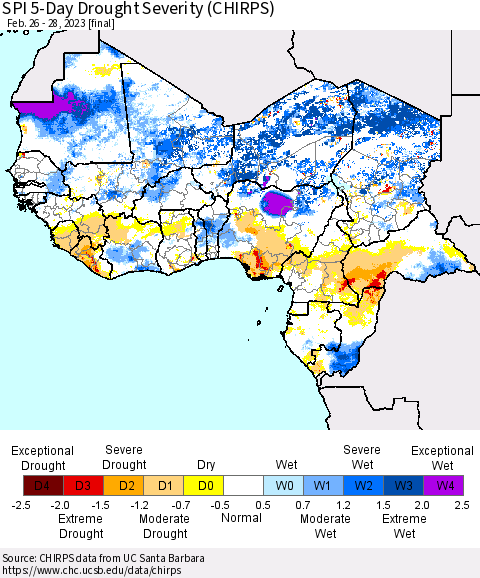 Western Africa SPI 5-Day Drought Severity (CHIRPS) Thematic Map For 2/26/2023 - 2/28/2023