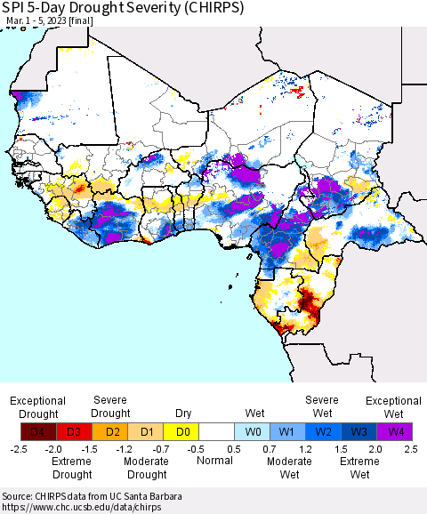 Western Africa SPI 5-Day Drought Severity (CHIRPS) Thematic Map For 3/1/2023 - 3/5/2023