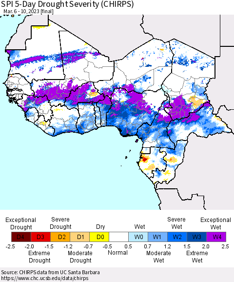 Western Africa SPI 5-Day Drought Severity (CHIRPS) Thematic Map For 3/6/2023 - 3/10/2023