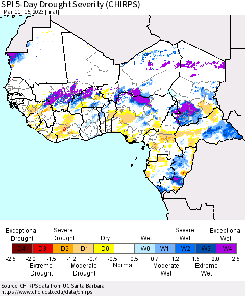 Western Africa SPI 5-Day Drought Severity (CHIRPS) Thematic Map For 3/11/2023 - 3/15/2023