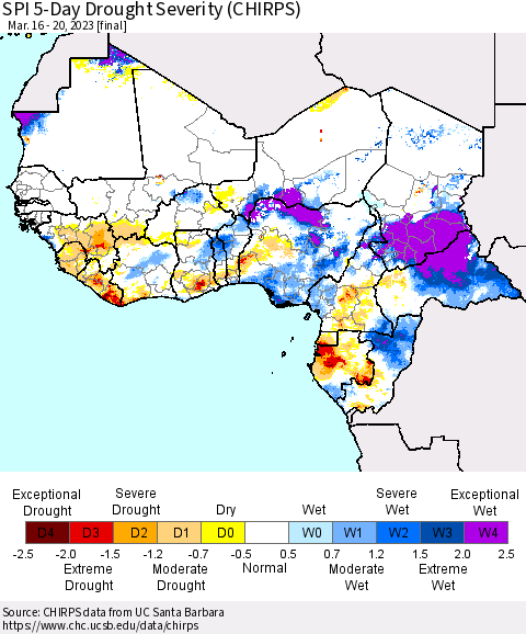 Western Africa SPI 5-Day Drought Severity (CHIRPS) Thematic Map For 3/16/2023 - 3/20/2023