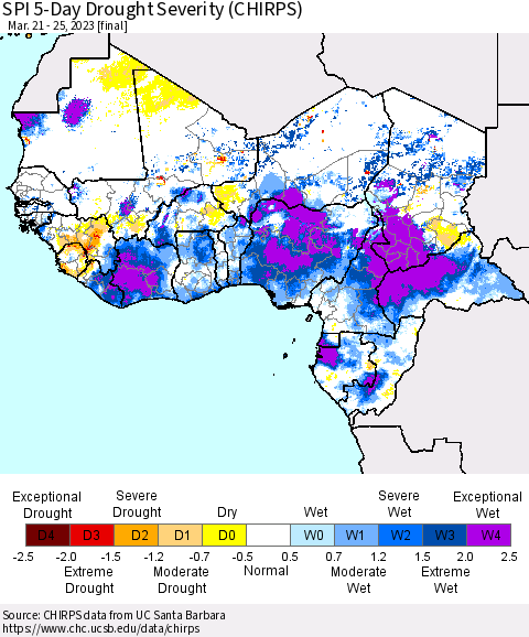 Western Africa SPI 5-Day Drought Severity (CHIRPS) Thematic Map For 3/21/2023 - 3/25/2023