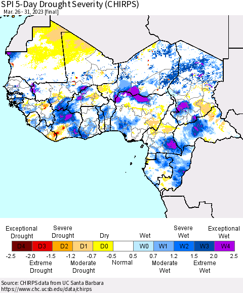 Western Africa SPI 5-Day Drought Severity (CHIRPS) Thematic Map For 3/26/2023 - 3/31/2023