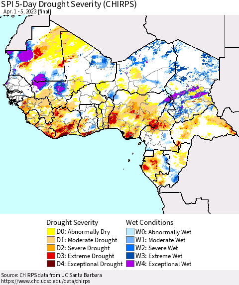Western Africa SPI 5-Day Drought Severity (CHIRPS) Thematic Map For 4/1/2023 - 4/5/2023