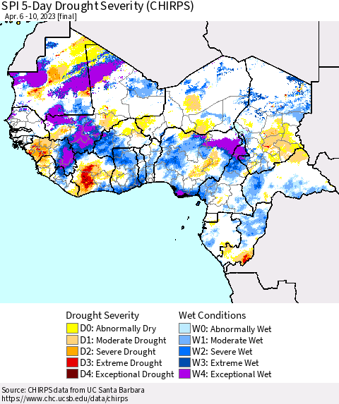 Western Africa SPI 5-Day Drought Severity (CHIRPS) Thematic Map For 4/6/2023 - 4/10/2023