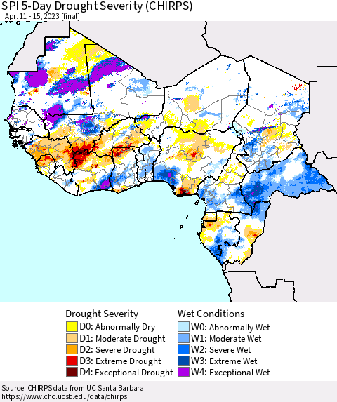 Western Africa SPI 5-Day Drought Severity (CHIRPS) Thematic Map For 4/11/2023 - 4/15/2023