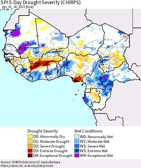 Western Africa SPI 5-Day Drought Severity (CHIRPS) Thematic Map For 4/16/2023 - 4/20/2023