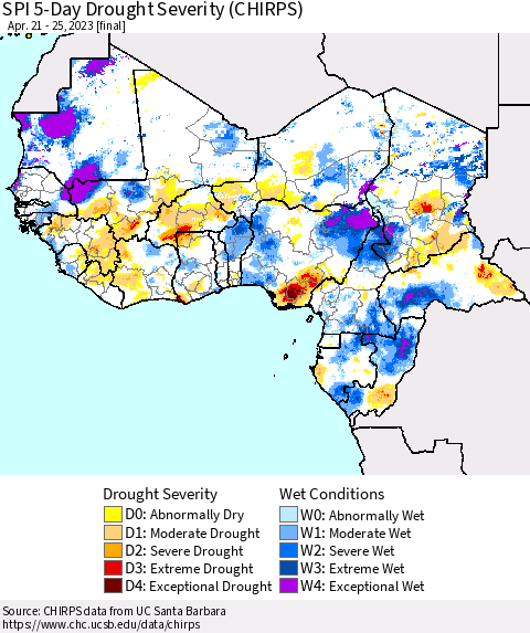Western Africa SPI 5-Day Drought Severity (CHIRPS) Thematic Map For 4/21/2023 - 4/25/2023