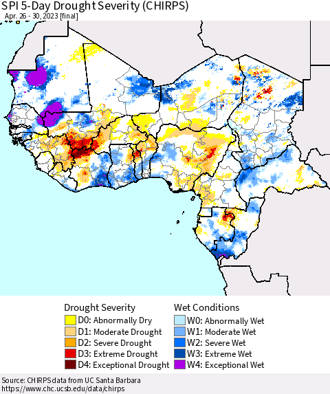 Western Africa SPI 5-Day Drought Severity (CHIRPS) Thematic Map For 4/26/2023 - 4/30/2023