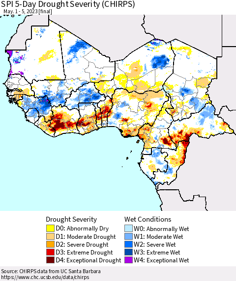 Western Africa SPI 5-Day Drought Severity (CHIRPS) Thematic Map For 5/1/2023 - 5/5/2023