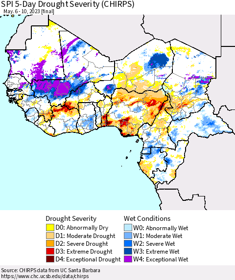 Western Africa SPI 5-Day Drought Severity (CHIRPS) Thematic Map For 5/6/2023 - 5/10/2023