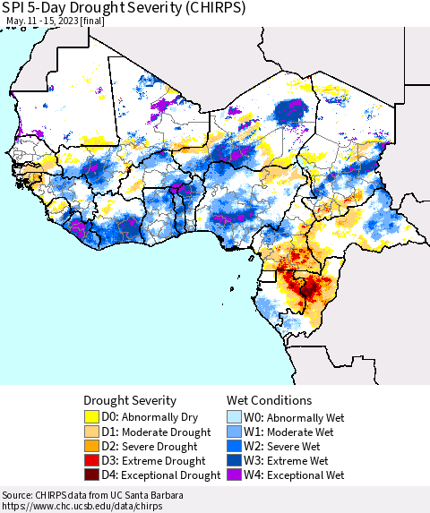 Western Africa SPI 5-Day Drought Severity (CHIRPS) Thematic Map For 5/11/2023 - 5/15/2023