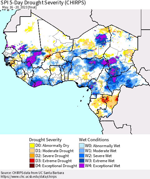 Western Africa SPI 5-Day Drought Severity (CHIRPS) Thematic Map For 5/16/2023 - 5/20/2023
