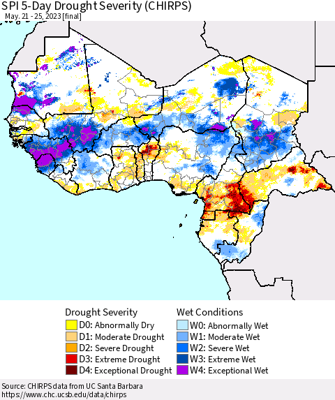 Western Africa SPI 5-Day Drought Severity (CHIRPS) Thematic Map For 5/21/2023 - 5/25/2023