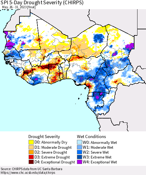 Western Africa SPI 5-Day Drought Severity (CHIRPS) Thematic Map For 5/26/2023 - 5/31/2023