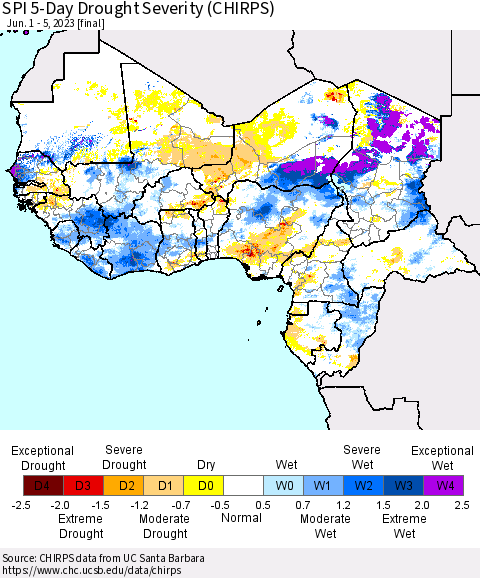 Western Africa SPI 5-Day Drought Severity (CHIRPS) Thematic Map For 6/1/2023 - 6/5/2023