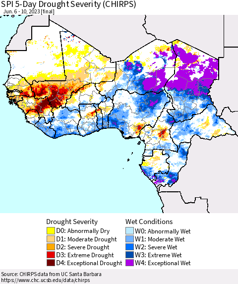 Western Africa SPI 5-Day Drought Severity (CHIRPS) Thematic Map For 6/6/2023 - 6/10/2023