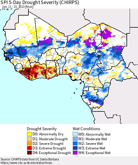 Western Africa SPI 5-Day Drought Severity (CHIRPS) Thematic Map For 6/11/2023 - 6/15/2023