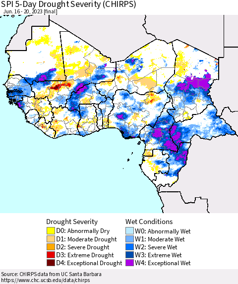 Western Africa SPI 5-Day Drought Severity (CHIRPS) Thematic Map For 6/16/2023 - 6/20/2023