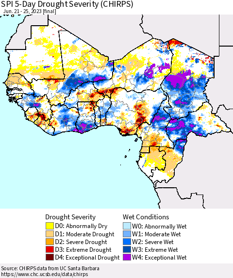 Western Africa SPI 5-Day Drought Severity (CHIRPS) Thematic Map For 6/21/2023 - 6/25/2023