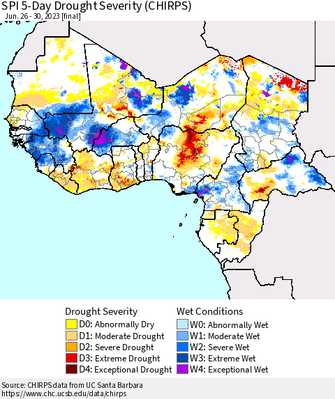 Western Africa SPI 5-Day Drought Severity (CHIRPS) Thematic Map For 6/26/2023 - 6/30/2023
