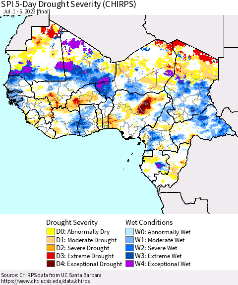 Western Africa SPI 5-Day Drought Severity (CHIRPS) Thematic Map For 7/1/2023 - 7/5/2023