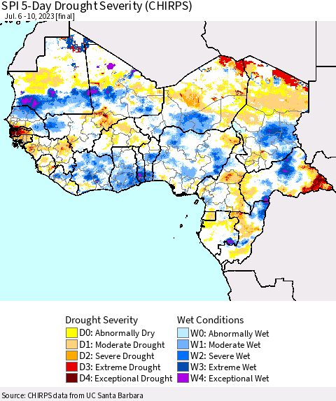Western Africa SPI 5-Day Drought Severity (CHIRPS) Thematic Map For 7/6/2023 - 7/10/2023