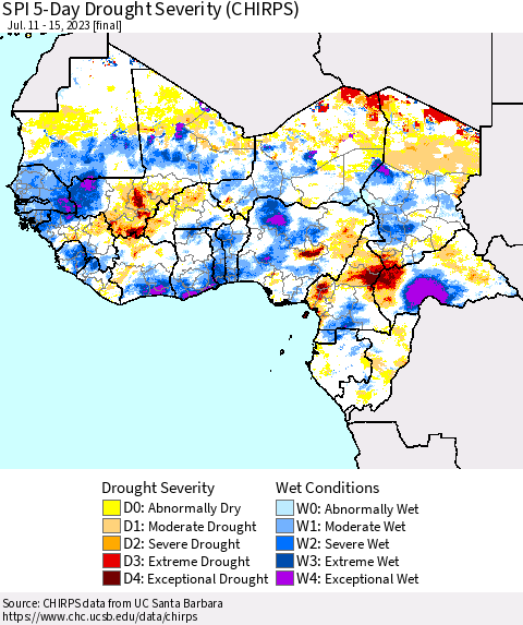 Western Africa SPI 5-Day Drought Severity (CHIRPS) Thematic Map For 7/11/2023 - 7/15/2023