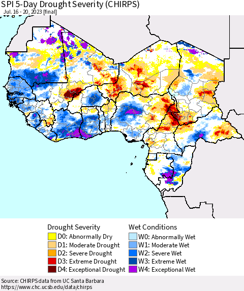 Western Africa SPI 5-Day Drought Severity (CHIRPS) Thematic Map For 7/16/2023 - 7/20/2023