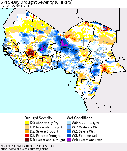 Western Africa SPI 5-Day Drought Severity (CHIRPS) Thematic Map For 7/21/2023 - 7/25/2023