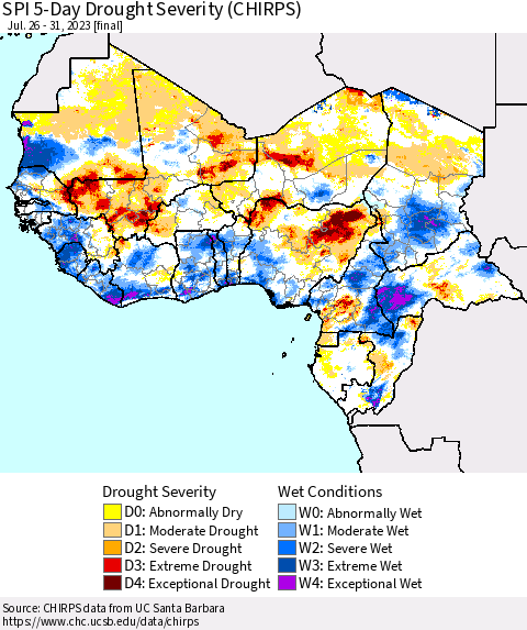 Western Africa SPI 5-Day Drought Severity (CHIRPS) Thematic Map For 7/26/2023 - 7/31/2023