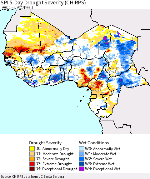 Western Africa SPI 5-Day Drought Severity (CHIRPS) Thematic Map For 8/1/2023 - 8/5/2023