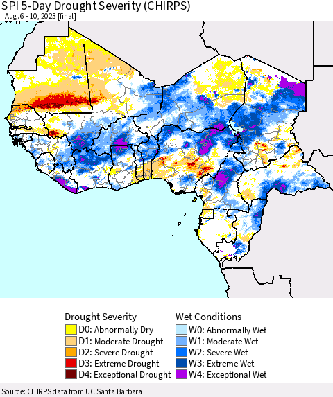 Western Africa SPI 5-Day Drought Severity (CHIRPS) Thematic Map For 8/6/2023 - 8/10/2023