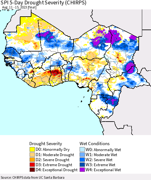 Western Africa SPI 5-Day Drought Severity (CHIRPS) Thematic Map For 8/11/2023 - 8/15/2023