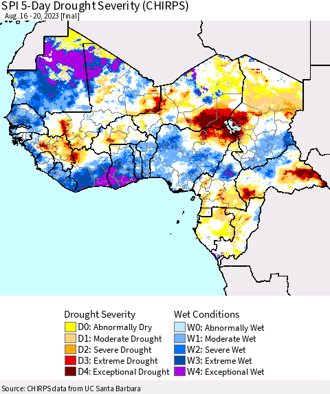Western Africa SPI 5-Day Drought Severity (CHIRPS) Thematic Map For 8/16/2023 - 8/20/2023
