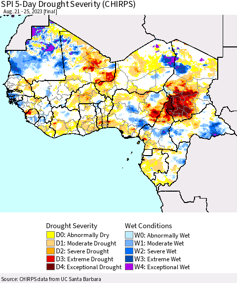 Western Africa SPI 5-Day Drought Severity (CHIRPS) Thematic Map For 8/21/2023 - 8/25/2023