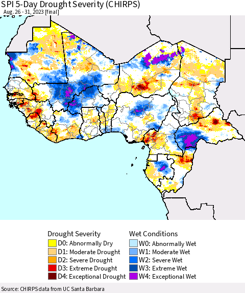 Western Africa SPI 5-Day Drought Severity (CHIRPS) Thematic Map For 8/26/2023 - 8/31/2023