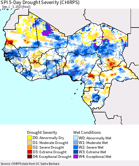 Western Africa SPI 5-Day Drought Severity (CHIRPS) Thematic Map For 9/1/2023 - 9/5/2023