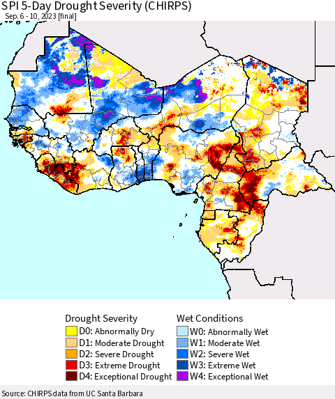 Western Africa SPI 5-Day Drought Severity (CHIRPS) Thematic Map For 9/6/2023 - 9/10/2023