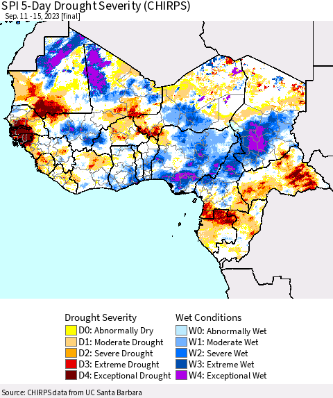 Western Africa SPI 5-Day Drought Severity (CHIRPS) Thematic Map For 9/11/2023 - 9/15/2023