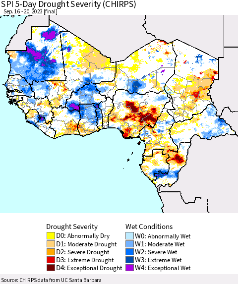 Western Africa SPI 5-Day Drought Severity (CHIRPS) Thematic Map For 9/16/2023 - 9/20/2023