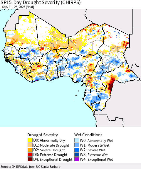Western Africa SPI 5-Day Drought Severity (CHIRPS) Thematic Map For 9/21/2023 - 9/25/2023