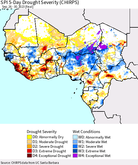 Western Africa SPI 5-Day Drought Severity (CHIRPS) Thematic Map For 9/26/2023 - 9/30/2023